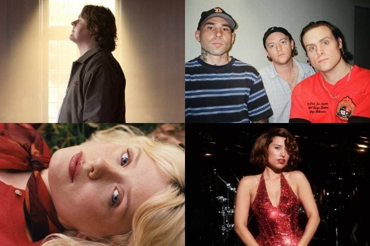 Spilt Milk 2026 headliners, clockwise from top left: Lewis Capaldi, DMA's, RAYE and Maisie Peters